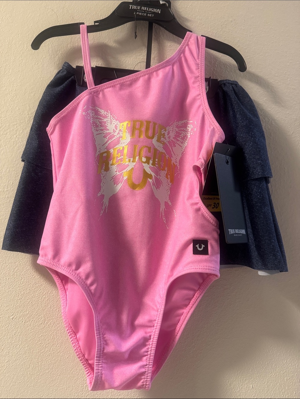 True Religion Pink One-Shoulder Girls' Swimsuit with Gold Logo